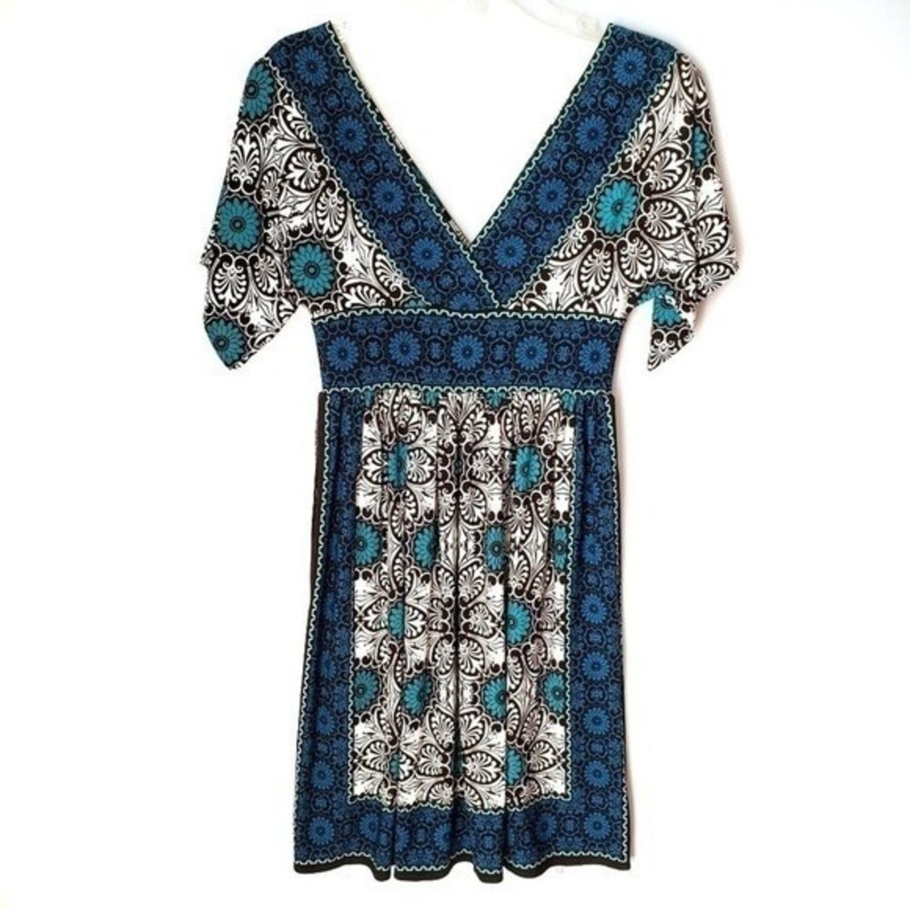 Maggy London Boho Blue‎ Midi Dress Short Sleeve Floral Gypsy  Dress  4